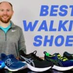 Picture of James McCormack sitting at a desk with 4 shoes in front of him to review for the best shoes for standing all day