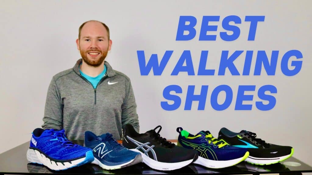 Picture of James McCormack sitting at a desk with 5 of the best walking shoes for review on the desk and a caption of best walking shoes on the background