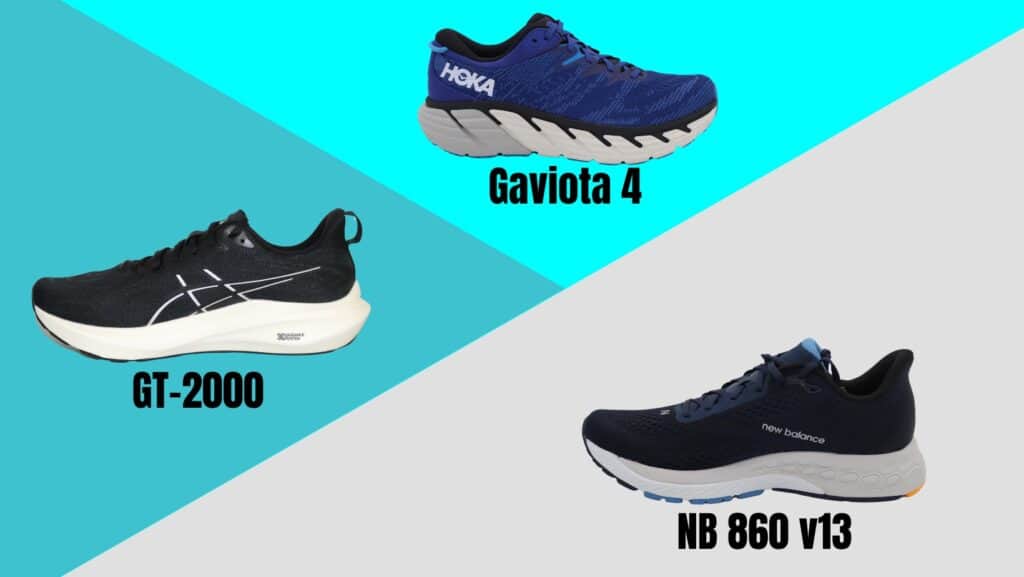 Picture of the 3 best stability walking shoes: hoka gaviota 4, new balance 860 v13 and asics gt-2000 13