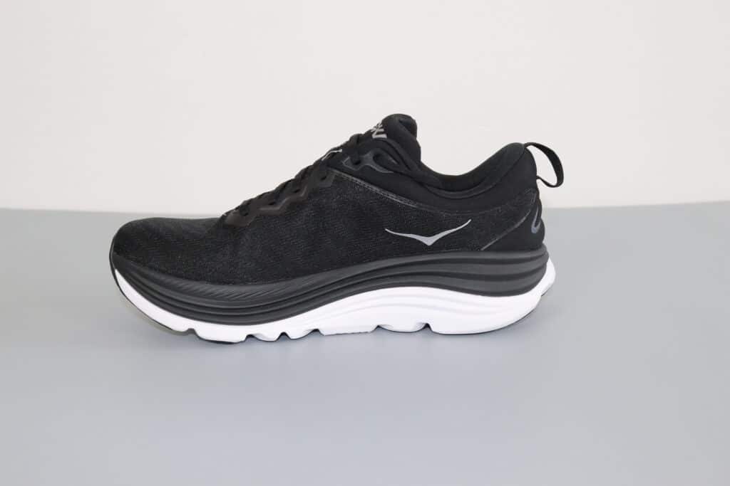 Picture of the medial aspect of the hoka gaviota 5 in black and white
