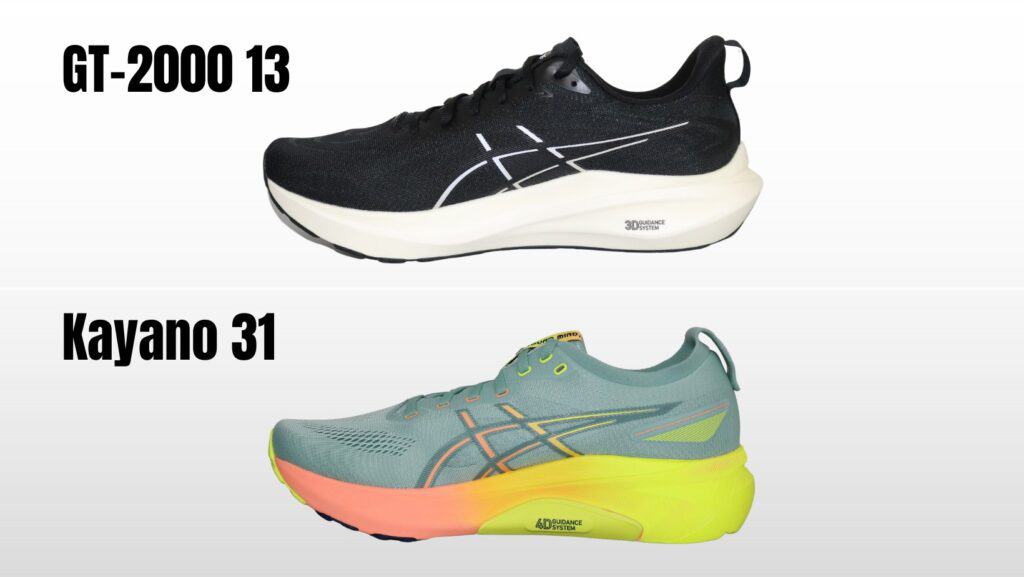 Medial view of ASICS GT-2000 13 on the top half and Gel-Kayano 31 on the bottom, displayed on a grey gradient background with black text labeling each shoe.