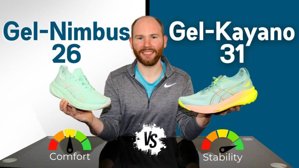 James McCormack sitting at a desk holding the Asics gel nimbus 26 and the asics gel kayano 31 for review