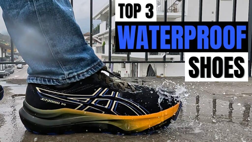James McCormack wearing the ASICS GT-2000 14 Gore-Tex walking through a puddle, demonstrating waterproof performance for the Top 3 Waterproof Shoes 2025 review.