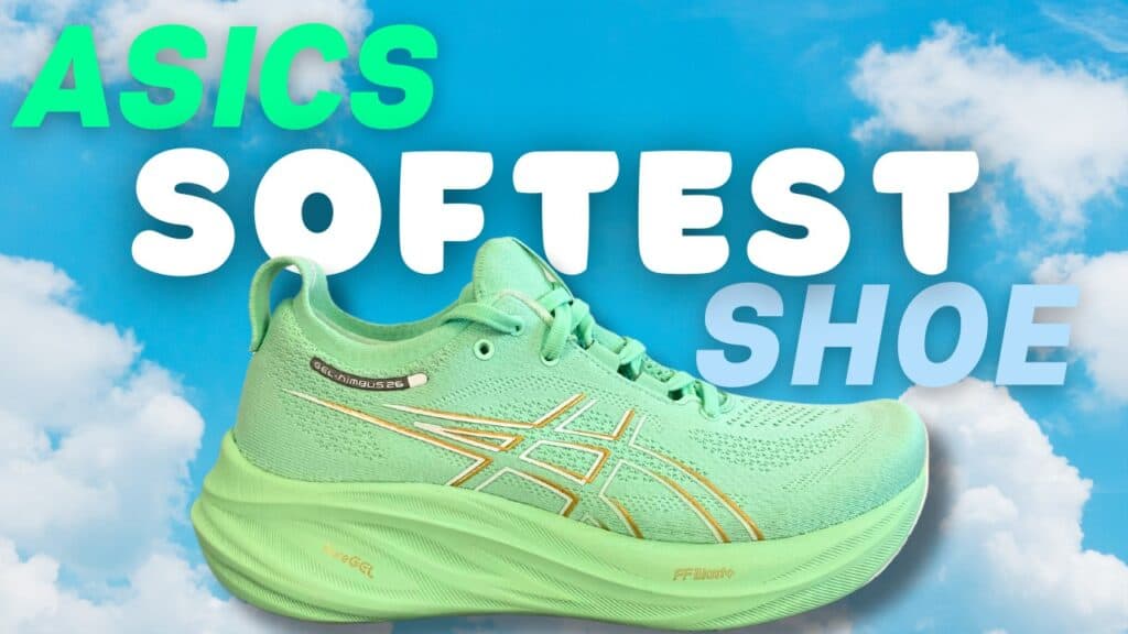 Picture of a green version of the Asics gel nimbus 26 on a cloud in the sky