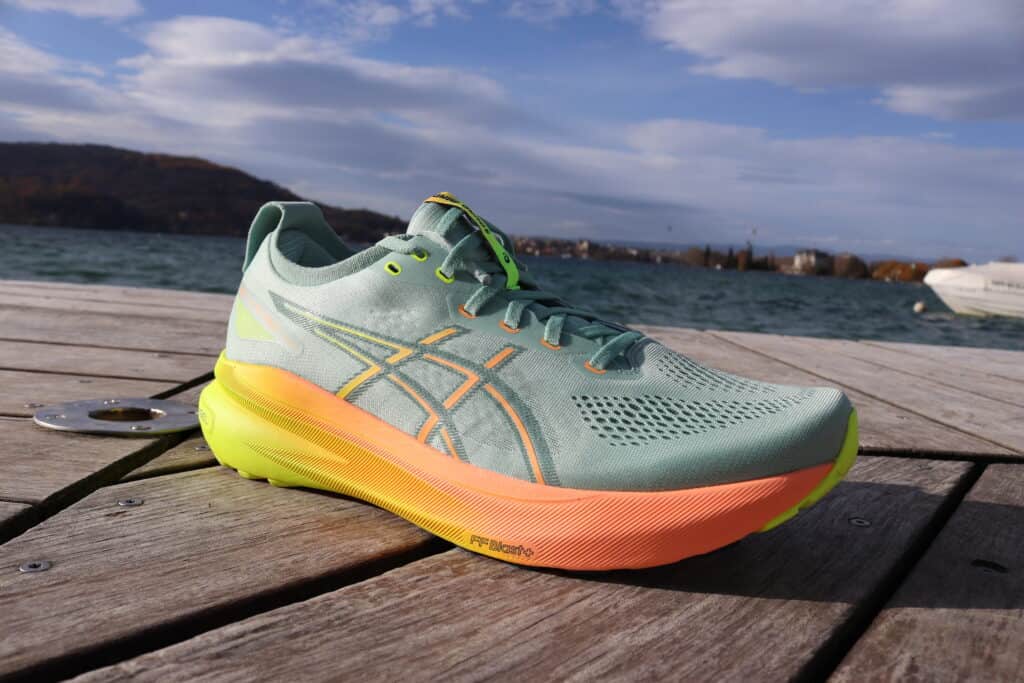 Picture of the Asics Gel Kayano in sky paris colous at annecy lake from the side view