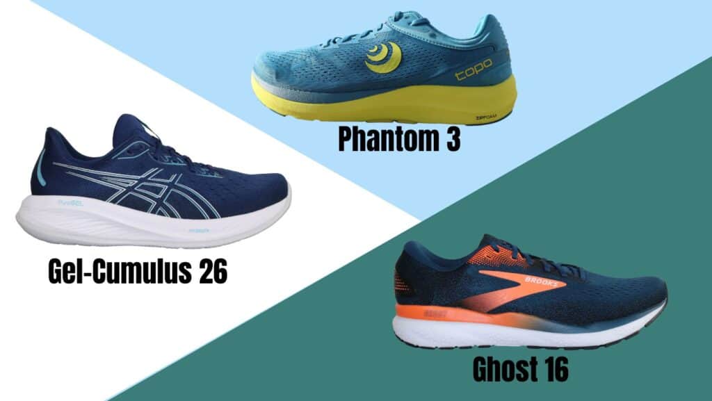 Picture of the best 3 neutral walking shoes from the side including the topo phantom 3, Asics gel cumulus 26 and Brooks ghost 16