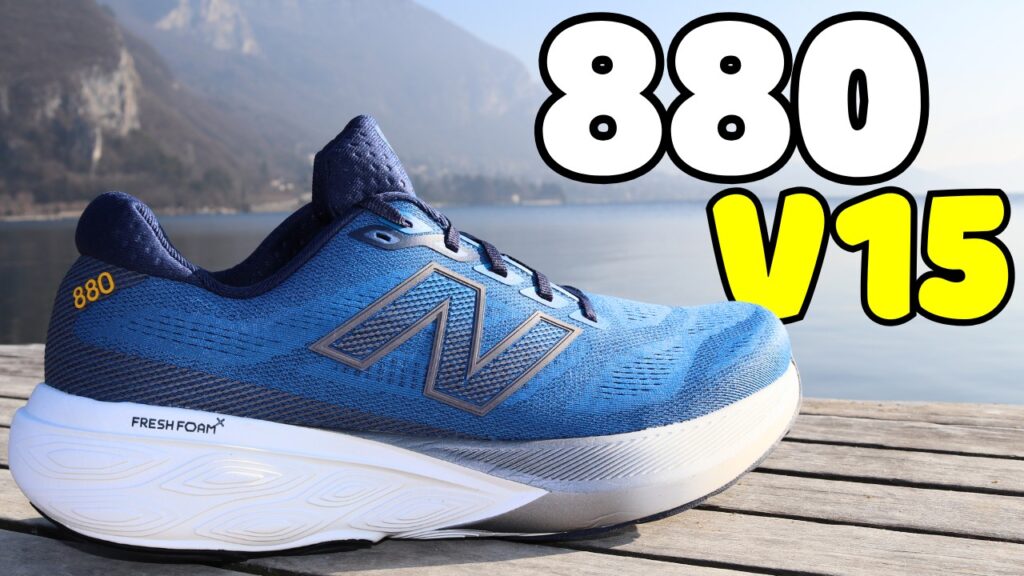 New Balance 880 v15 cover photo of the shoe from the side at annecy lake with the caption 880 v15 in white and yellow