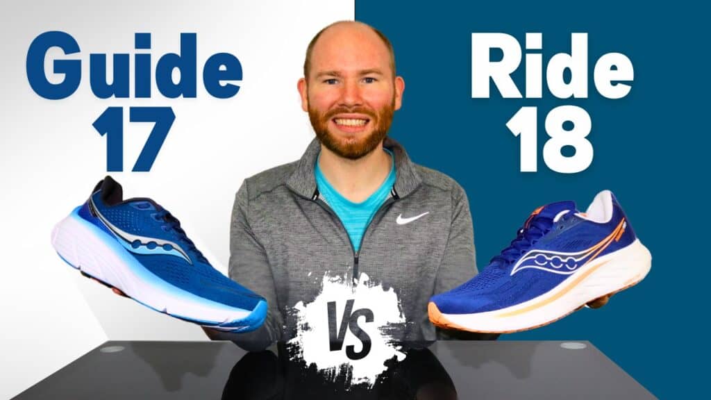 Picture of James McCormack providing a review of the saucony ride 18 vs the guide 18 at a desk with a shoe in each hand