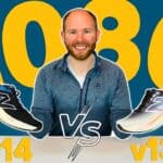 Picture of James McCormack providing a review of the New Balance 1080 V14 while sitting at a desk holding them in each hand and the caption 1080 behind his head