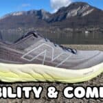Photo of the New Balance Vongo V6 from the side at annecy lake with the caption stability & comfort