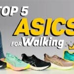 Photo of James McCormack sitting at a desk providing a review of the best Asics walking shoes for 2025 with one of each on the desk in front of him