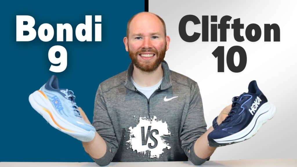 Image of James McCormack holding the Hoka Clifton 10 and Hoka Bondi 9 for a detailed comparison review.