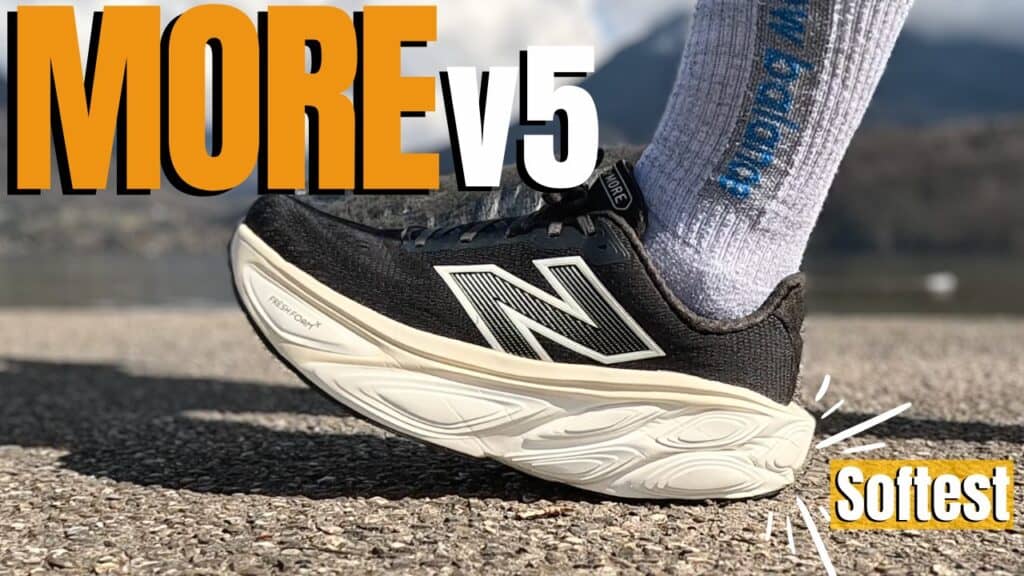 Cover photo of the New Balance More v5 with the caption of more v5 and softest