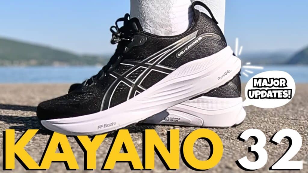 cover photo of the asics gel kayano 32 with the caption kayano 31 and a speech bubble saying majoy updates