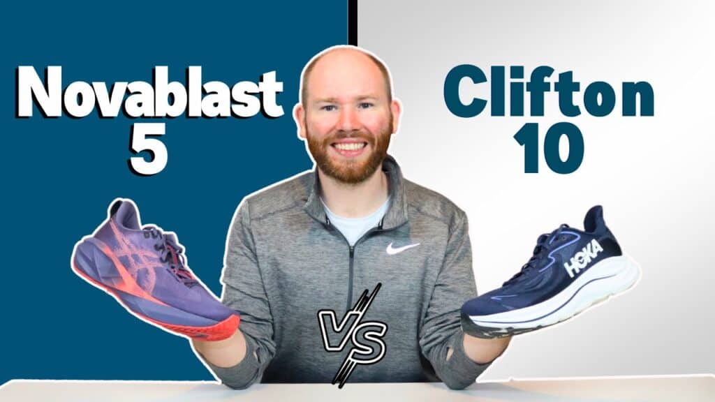 Image of James McCormack holding the Hoka Clifton 10 and Asics Novablast 5 for a detailed comparison review.