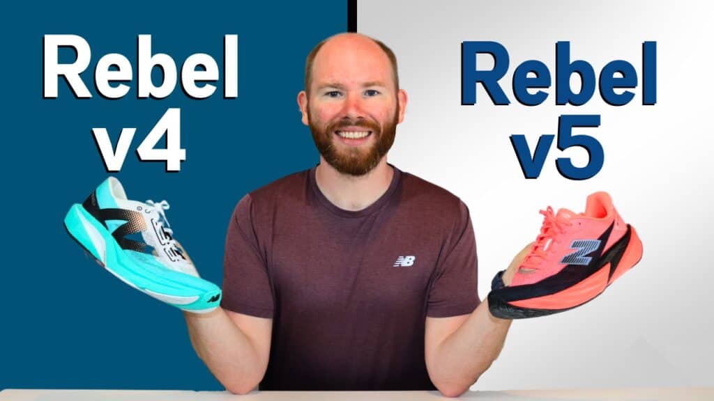 Picture of James McCormack providing a review of the New Balance Rebel V5 vs V4 at a desk with one shoe in each hand