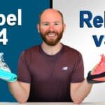 Picture of James McCormack providing a review of the New Balance Rebel V5 vs V4 at a desk with one shoe in each hand