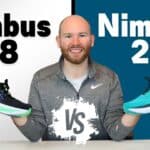 ASICS Gel Nimbus 28 vs 27 comparison showing James McCormack holding both running shoes side by side on a desk