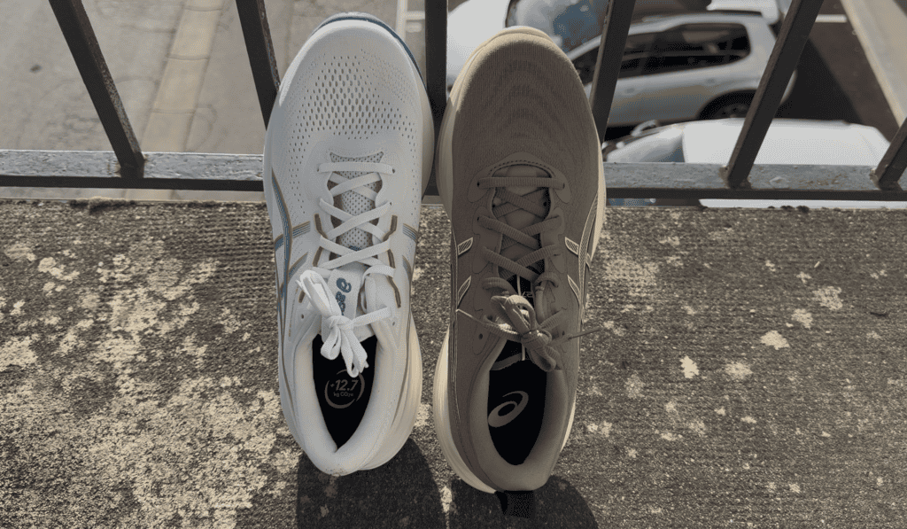Photo of the asics gel cumulus 28 on the left and 27 on right showing the differences in upper

