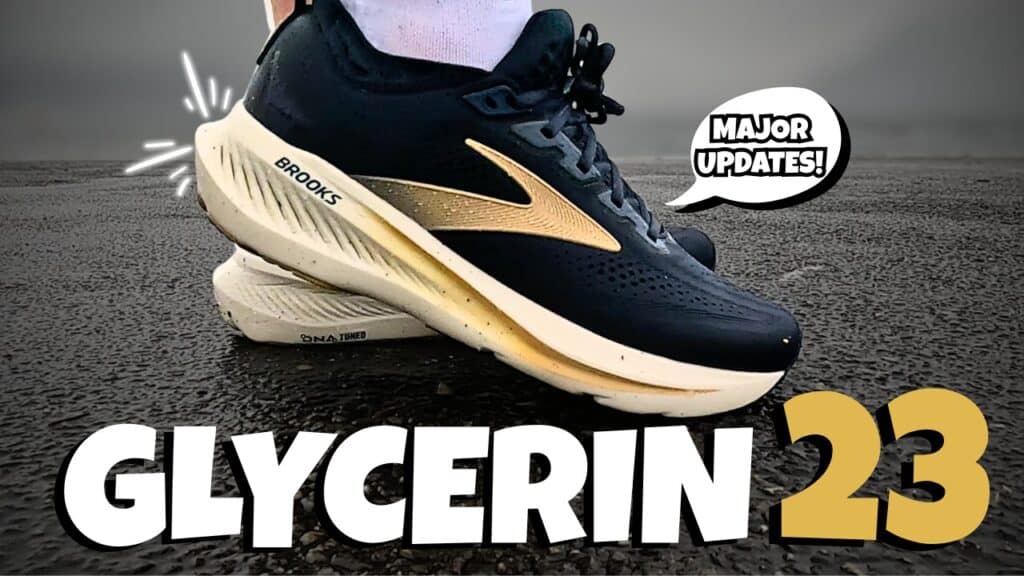 Cover photo of the brooks glycerin 23 from the side in navy and gold with text saying glycerin 23 in white and gold