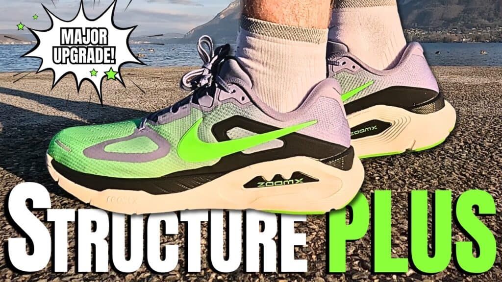 Nike Structure Plus stability running shoes with ZoomX midsole, shown during a walking test on pavement