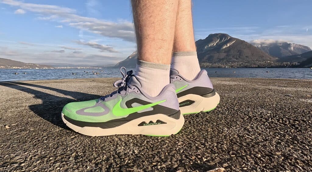 Nike Structure Plus stability running shoes with ZoomX midsole, shown during a walking test on pavement