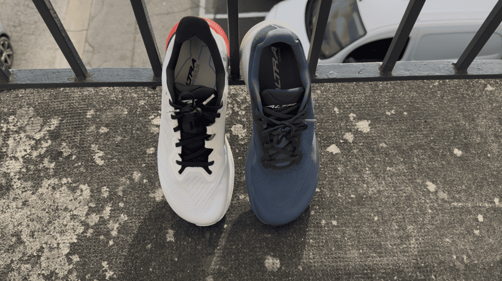 Photo of the Altra Experience flow 3 (blue) and 2(white) side by side showing their anatomical toe box