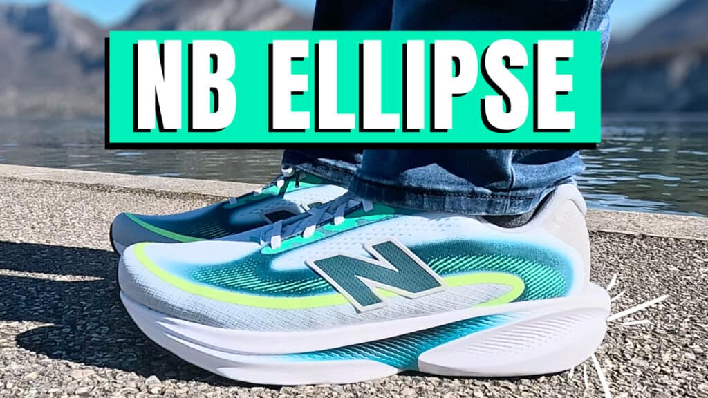 New Balance Ellipse walking shoe on foot showing wide cushioned sole and rocker design for long distance walking