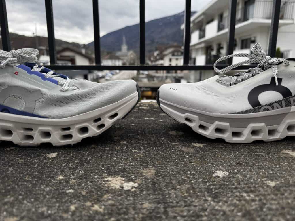 Photo showing the difference in toe spring and forefoot rockers between the on cloudmonster 3 (left) and cloudmonster 2 (right)